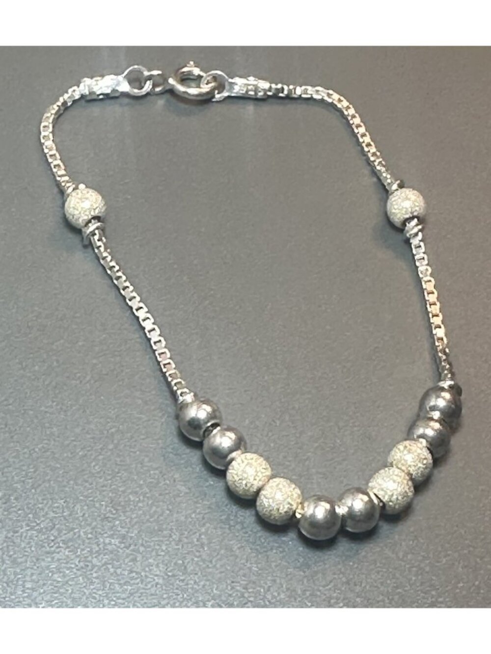 925 Sterling Silver Box Chain Bead Bracelet Polished Diamond Cut